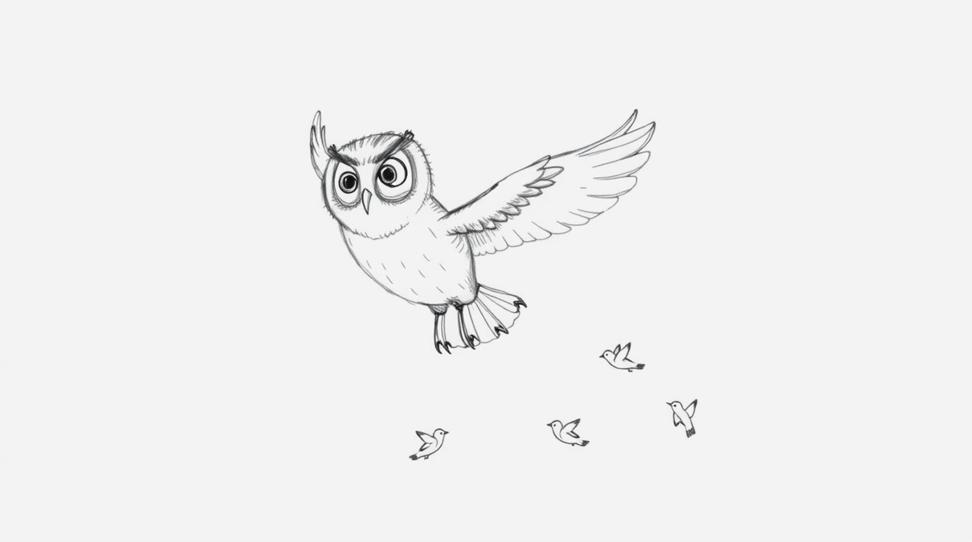 A whimsical hand-drawn sketch in the style of Pixar depicts a blind owl courageously teaching birds how to fly. Rendered with