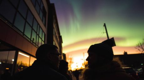 A captivating close-up candid street photograph showcases the breathtaking Northern Lights emerging over a vibrant sunset sky