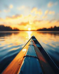 An exquisite oil painting depicts a boat sharply focused as it drifts on a lake at sunset. The entire scene is bathed in a so