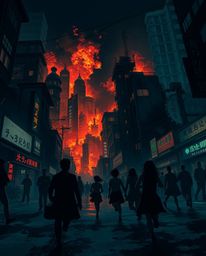 Explore a dark and unsettling isekai world depicted in an eerie and creepy anime style. Witness a city consumed by flames as 