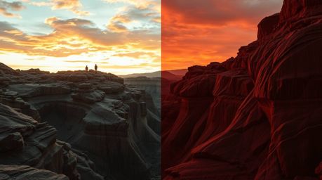 A captivating split-toned image showcases a rocky canyon bathed in the warm hues of a setting sun. The composition features d