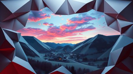 This mesmerizing artwork showcases a cozy village nestled in a valley beneath a vibrant, colorful sky, all rendered in an int