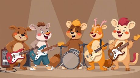 High-resolution stock photo featuring a band of cartoon animals playing rock music in a commercial quality image. The scene u