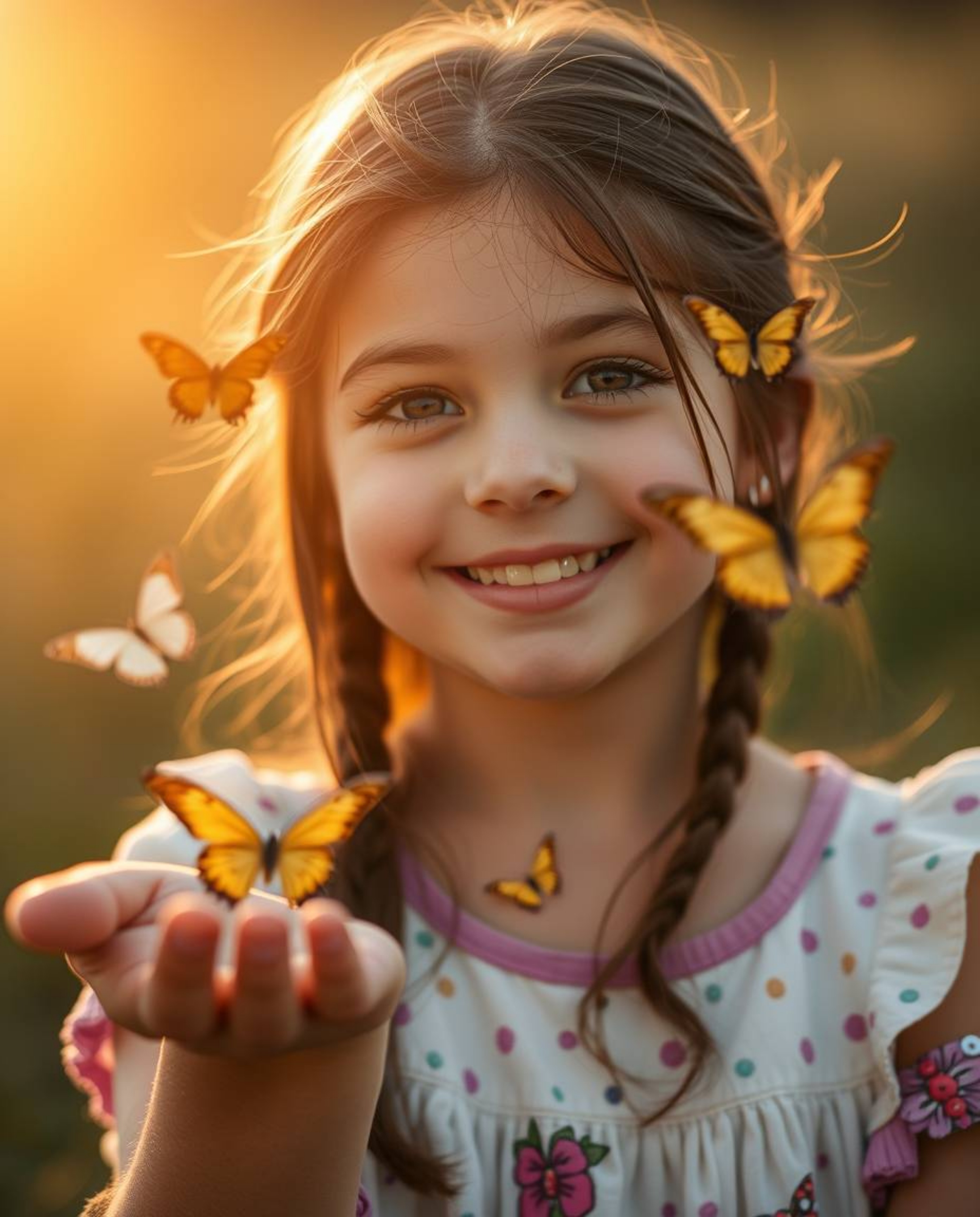 A captivating image featuring a girl with adorable and charming features releasing butterflies into the air during the golden