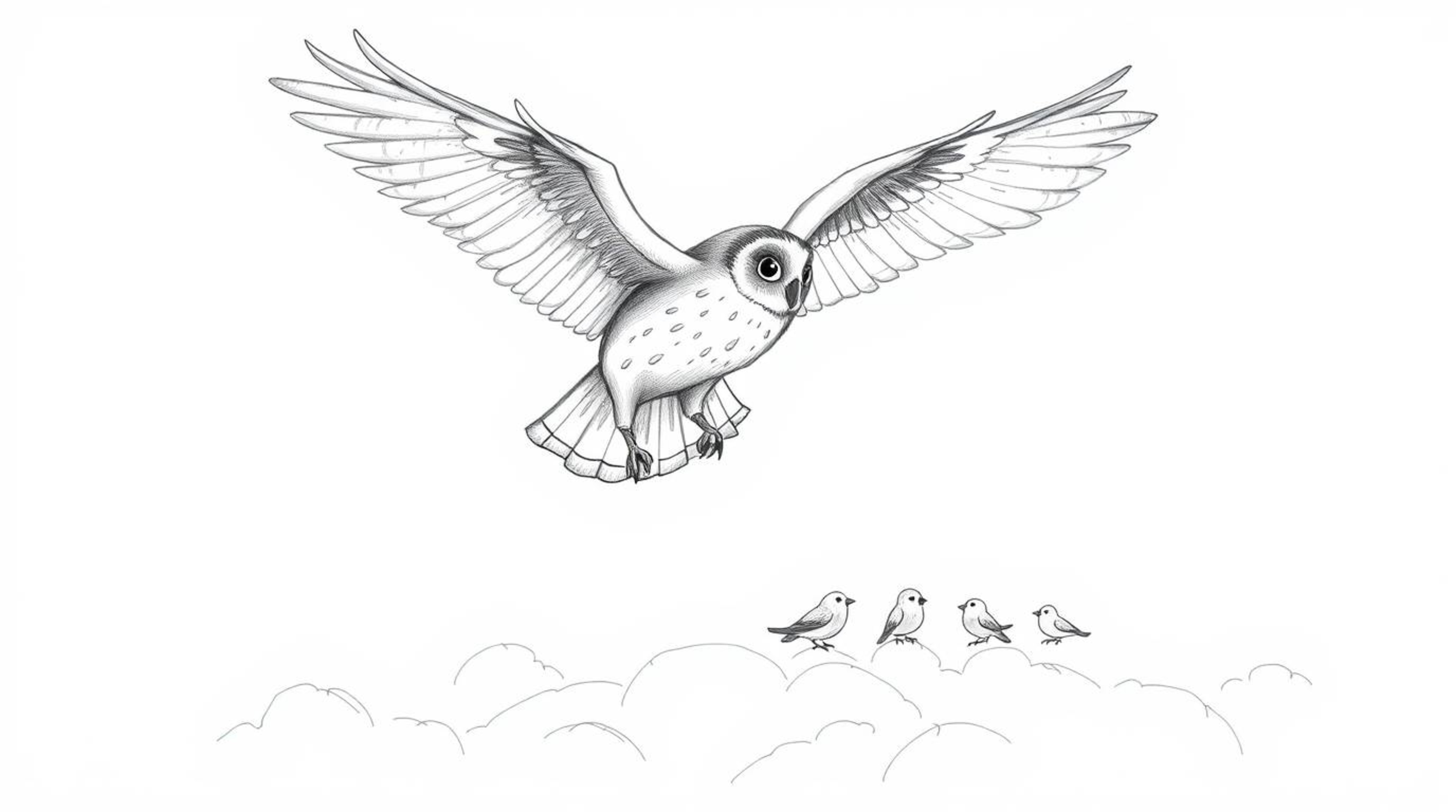 A charming image of a blind owl, rendered in a hand-drawn Pixar-inspired sketch style, confidently soars above a field of clo