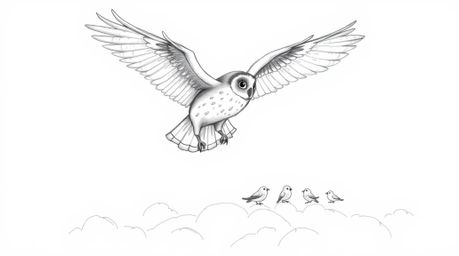 A charming image of a blind owl, rendered in a hand-drawn Pixar-inspired sketch style, confidently soars above a field of clo