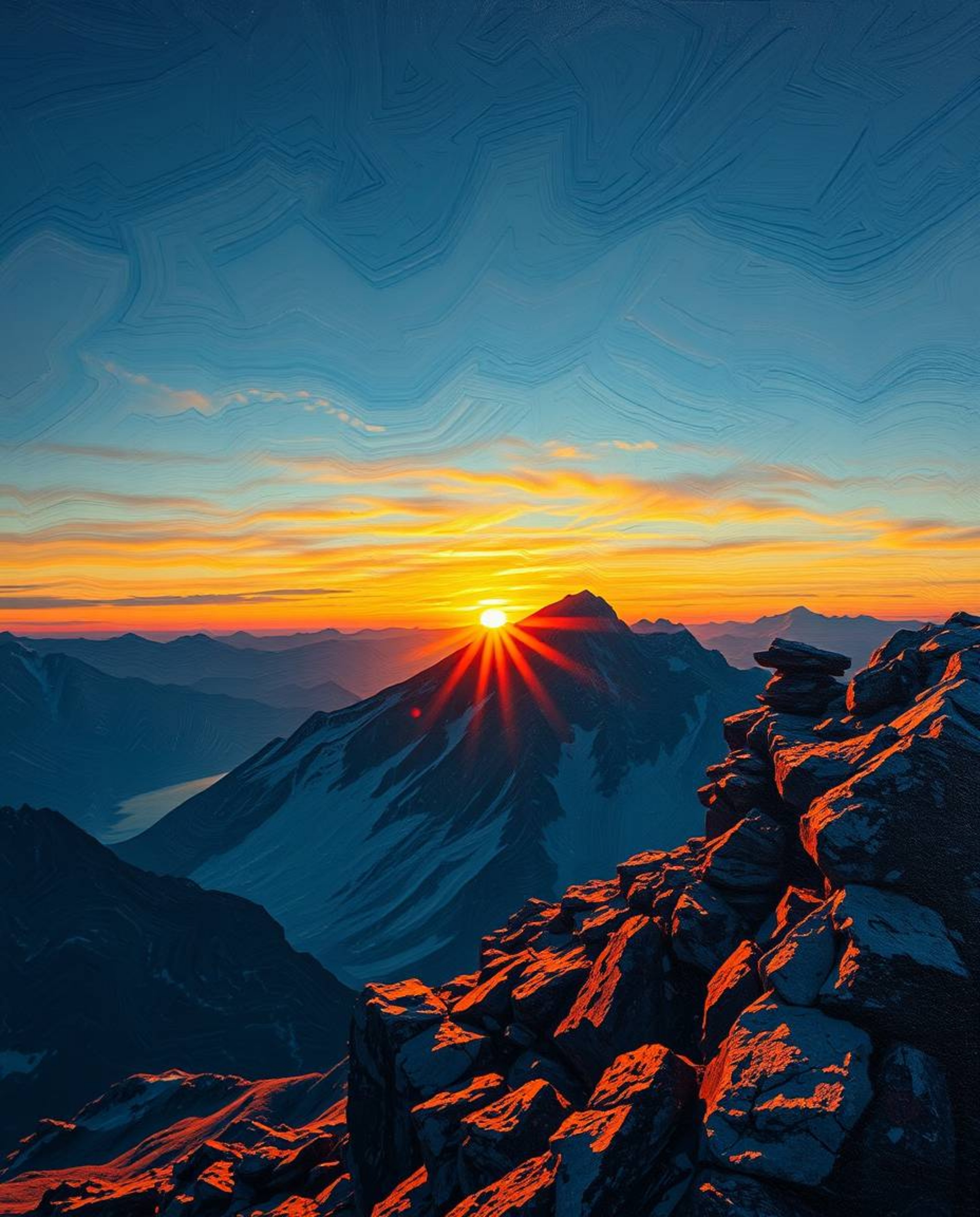 Capture the intimate beauty of a sunset from a high alpine peak with this tight close-up shot, rendered in a classic oil pain