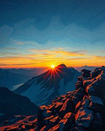Capture the intimate beauty of a sunset from a high alpine peak with this tight close-up shot, rendered in a classic oil pain