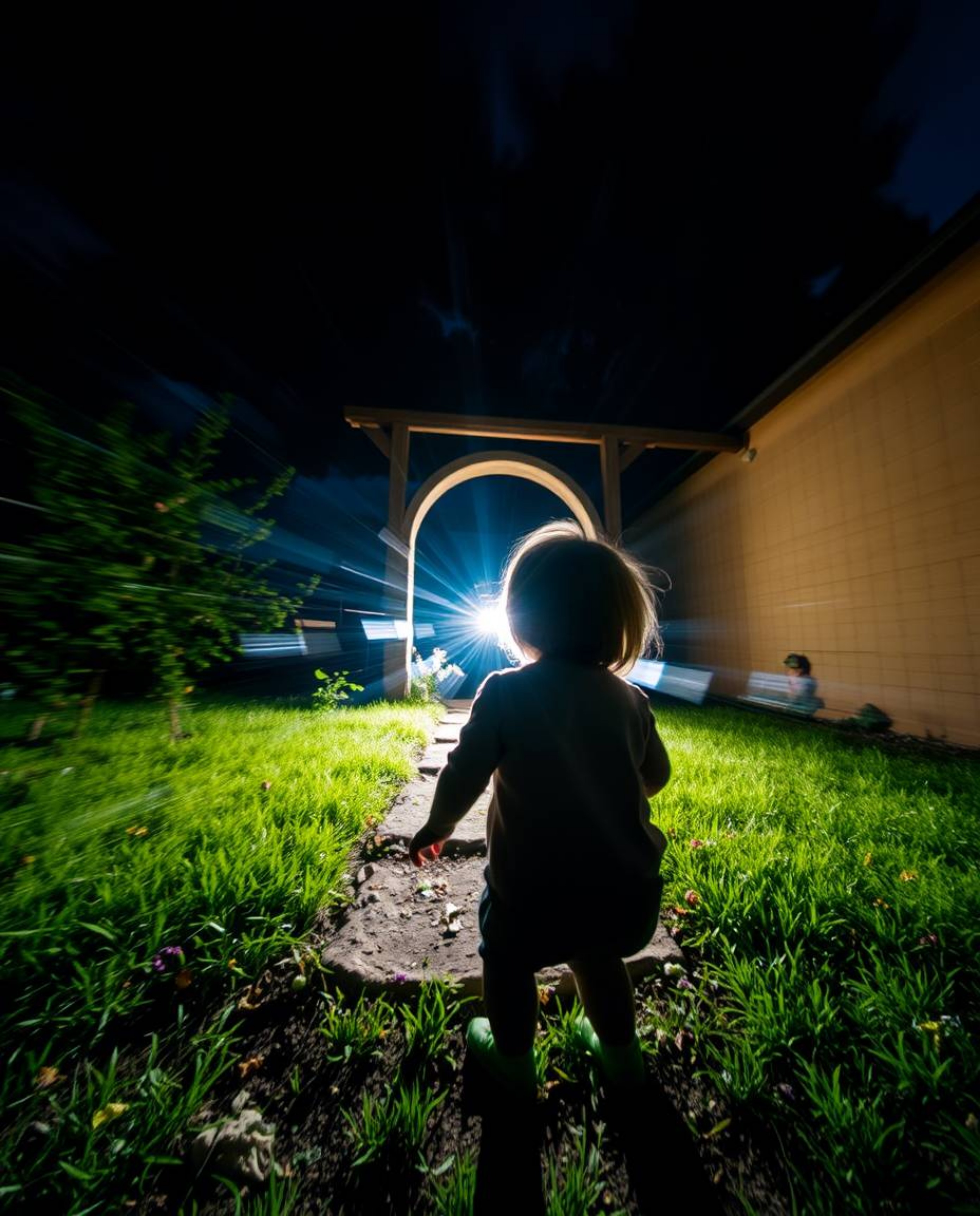 A captivating long exposure photograph depicts a child's wondrous discovery of a magical portal in their backyard.  The image