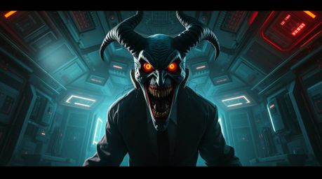 Witness a hilariously unsettling villain's meltdown within a darkly atmospheric, high-tech lair. This creative light art piec
