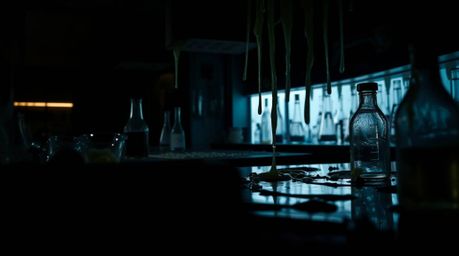 A high-contrast, low-key close-up shot of a slime-covered science lab, deep shadows accentuating detailed textures and creati