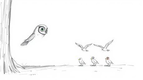A charming hand-drawn sketch, reminiscent of Pixar animation, depicts a blind owl patiently teaching a flock of birds to fly 