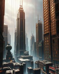 An epic scene depicting a cast bronze sculpture of a glitchy digital landscape. Distorted skyscrapers and static noise fill t