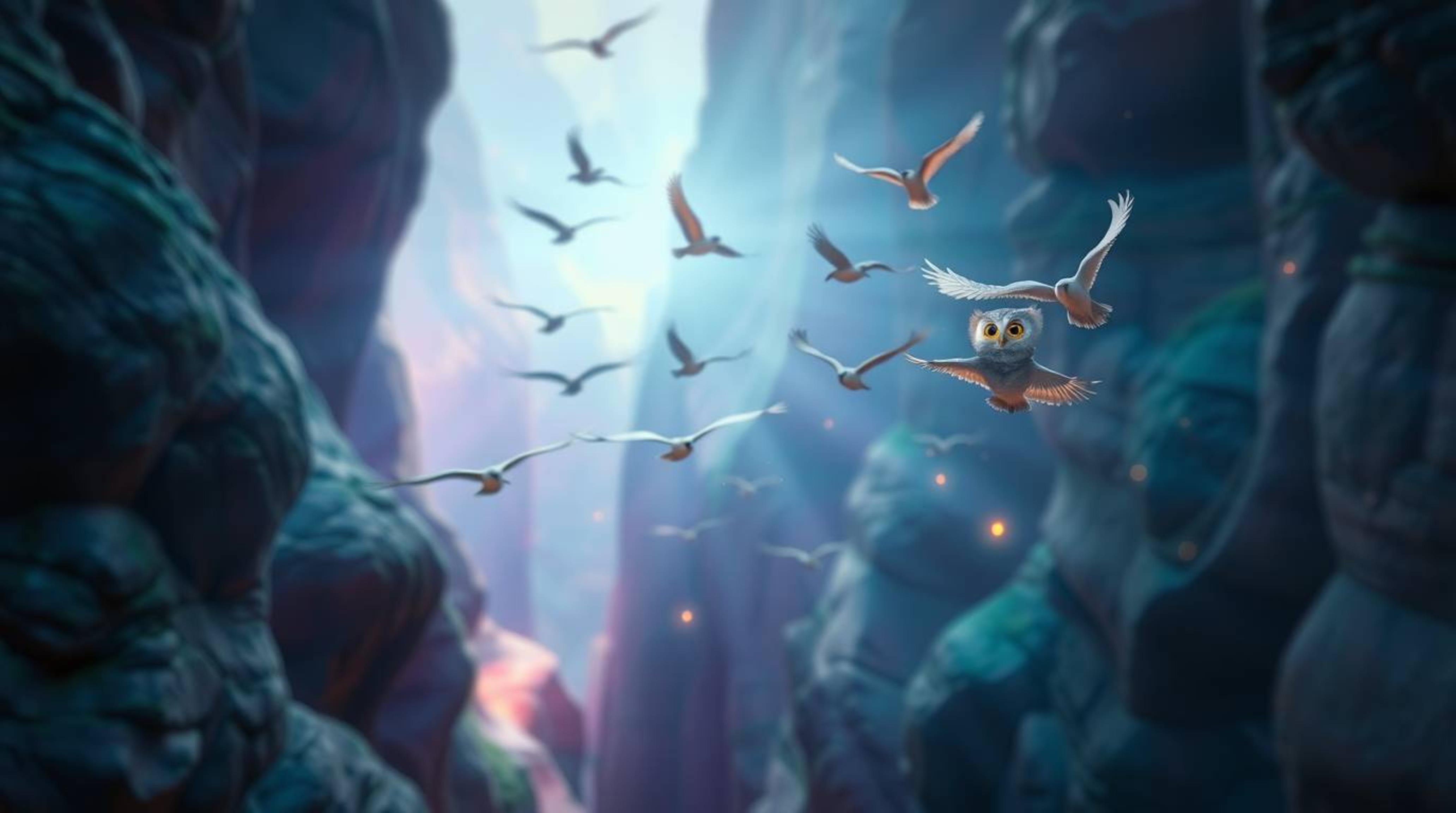 This long-exposure photograph captures a magical scene in a distinct Pixar style. A wise, blind owl with soft, feathery pluma