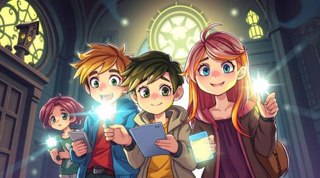 Discover an enchanting illustration of a group of charming teens with brightly colored, streaked hair unraveling mysteries wi