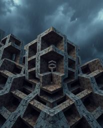 A high-tension image featuring an intense close-up of a repetitive cube pattern in Escher-style impossible geometry against a