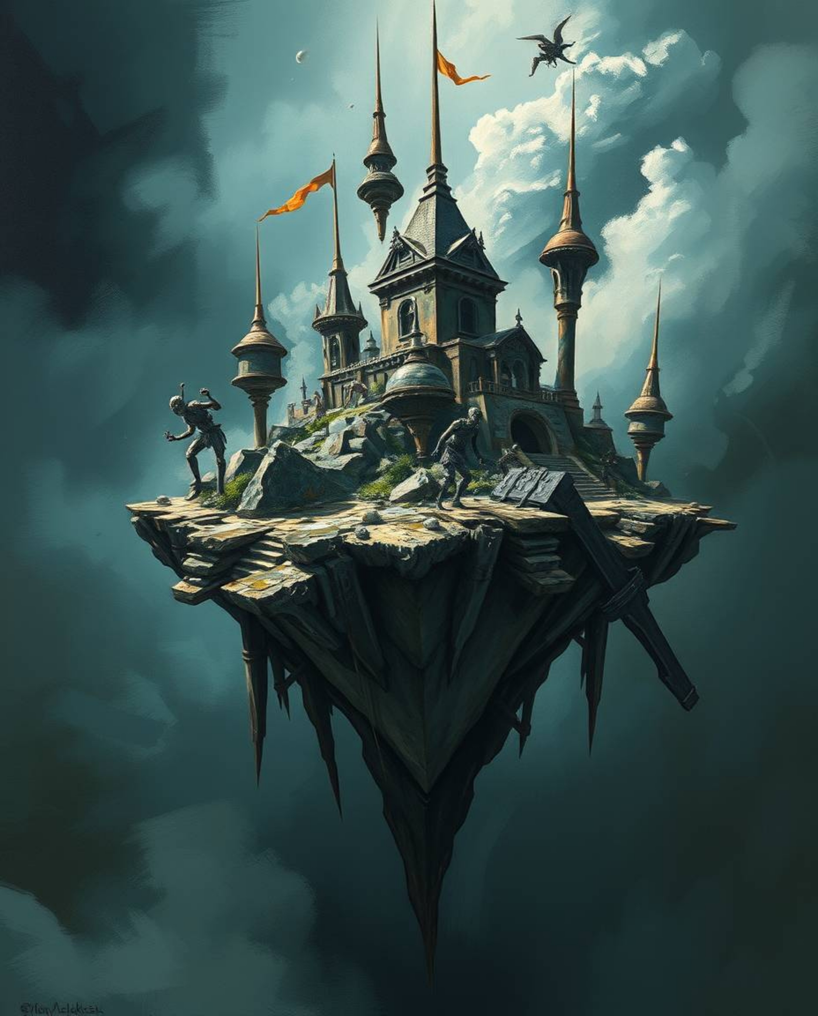 Explore a breathtaking surreal floating island featuring bizarre architecture and dynamic movement, illuminated by dramatic c