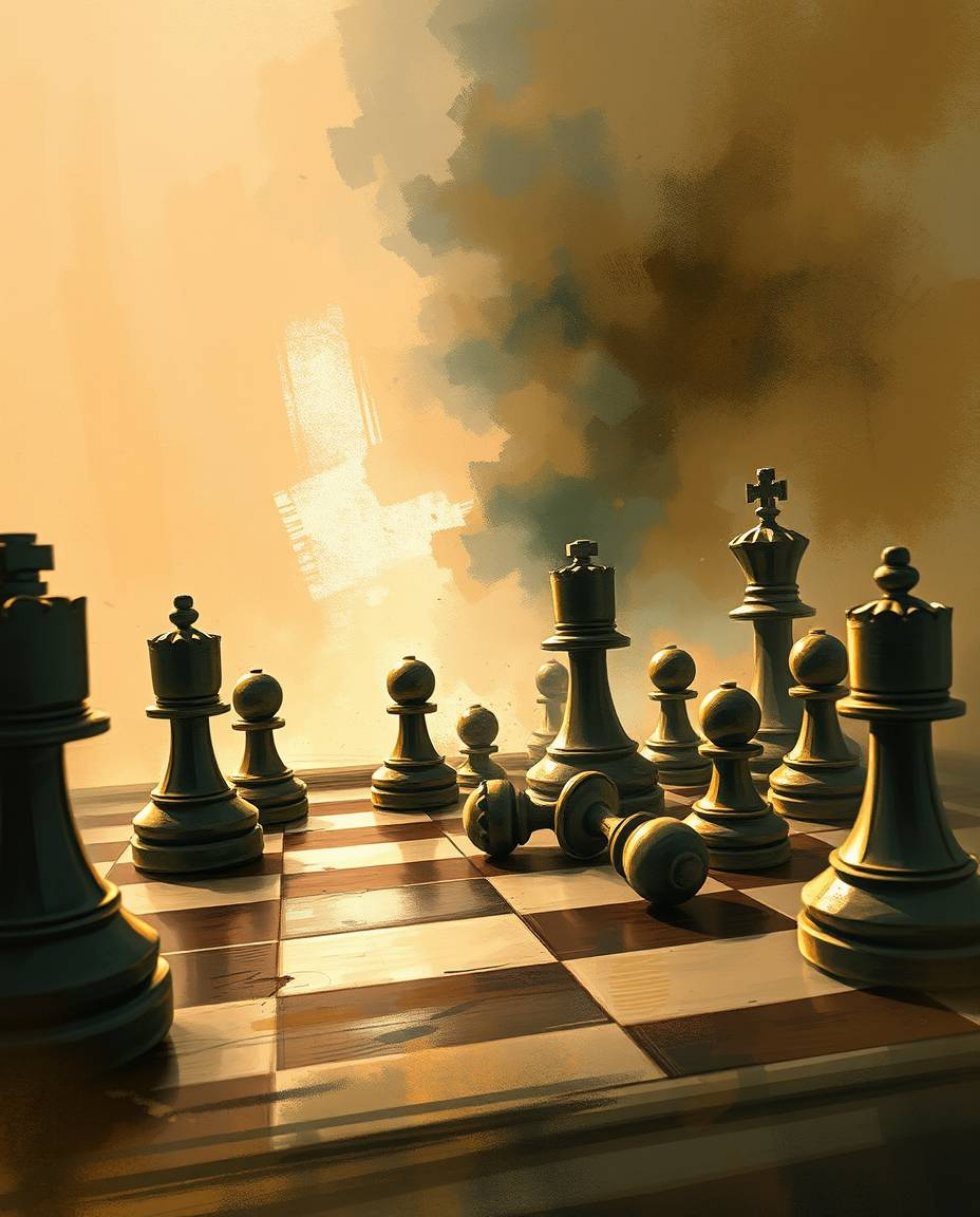A captivating digital painting depicts a chessboard in chaotic mid-destruction, with pieces frozen mid-air.  Loose painterly 