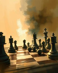 A captivating digital painting depicts a chessboard in chaotic mid-destruction, with pieces frozen mid-air.  Loose painterly 