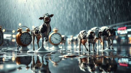 Explore a surreal dreamscape featuring melting clocks and floating cows under a drizzling rain, beautifully captured with a b