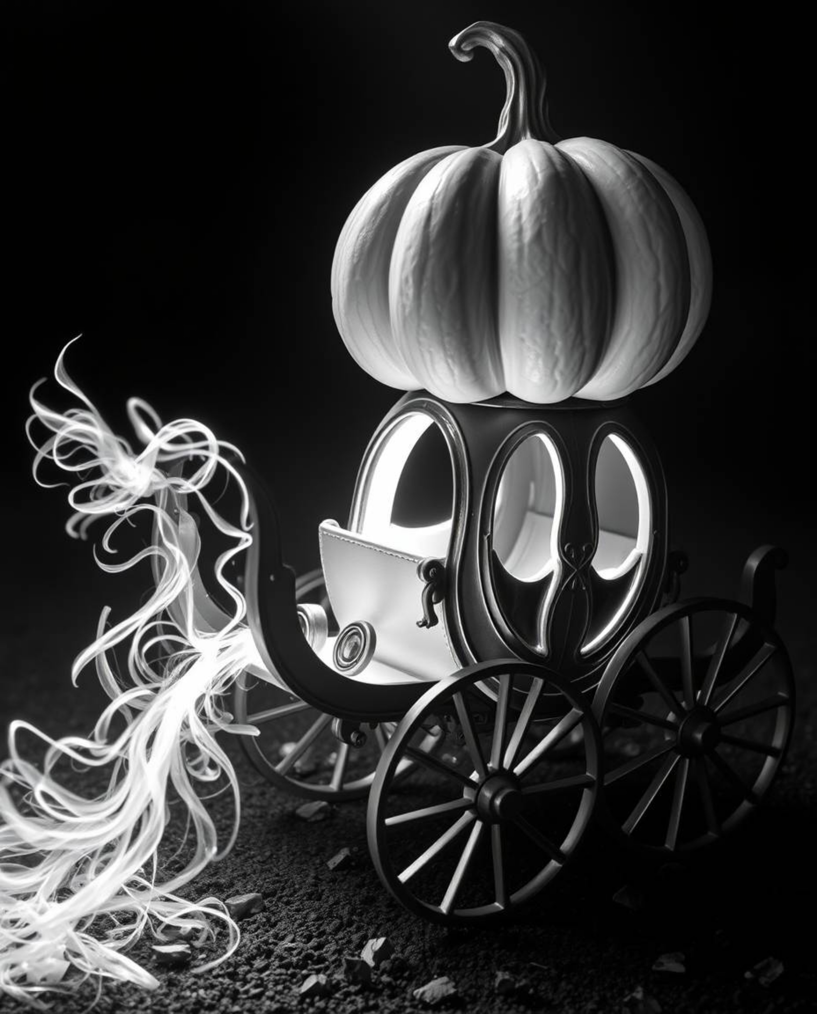 A captivating black and white photograph showcasing a magical pumpkin undergoing a stunning transformation into an elegant ca