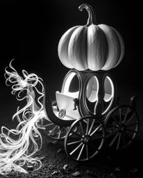 A captivating black and white photograph showcasing a magical pumpkin undergoing a stunning transformation into an elegant ca