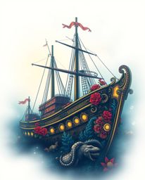 Discover stunning, symbolic traditional tattoo art featuring a vibrant shipwreck illuminated deep underwater. This dreamy pri