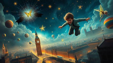 Experience a bizarre and whimsical scene with this surreal artwork depicting a young boy flying above London, powered by pixi