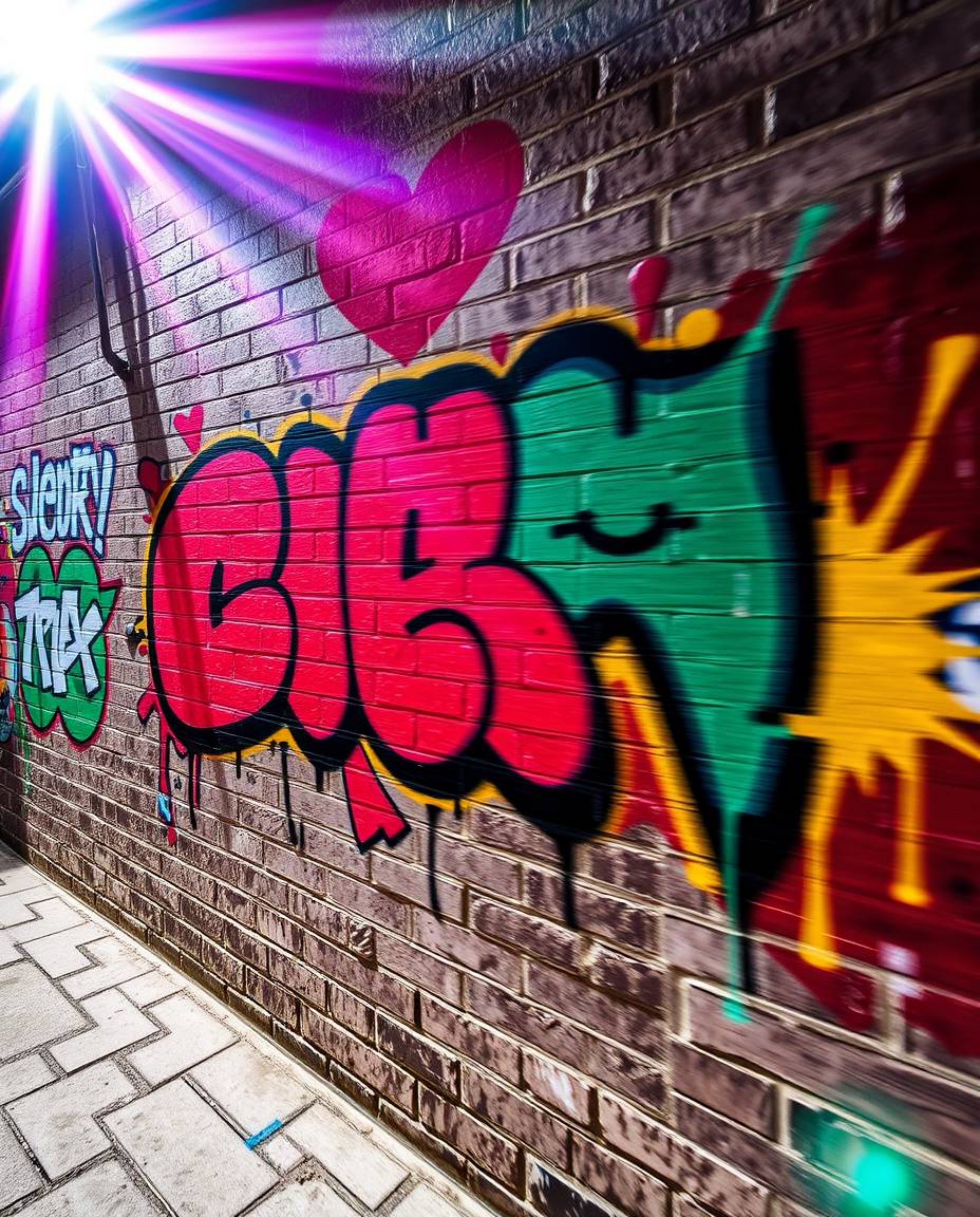 A captivating long exposure photograph showcases vibrant graffiti-style splashes on a textured brick wall.  The strong, harsh