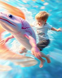 A captivating dynamic motion image depicts a sea creature and a child in blurred, action poses. Iridescent colors and reflect