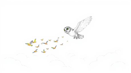 A heartwarming Pixar-esque sketch depicts a blind owl, head tilted in gentle guidance, leading a vibrant flock of small birds