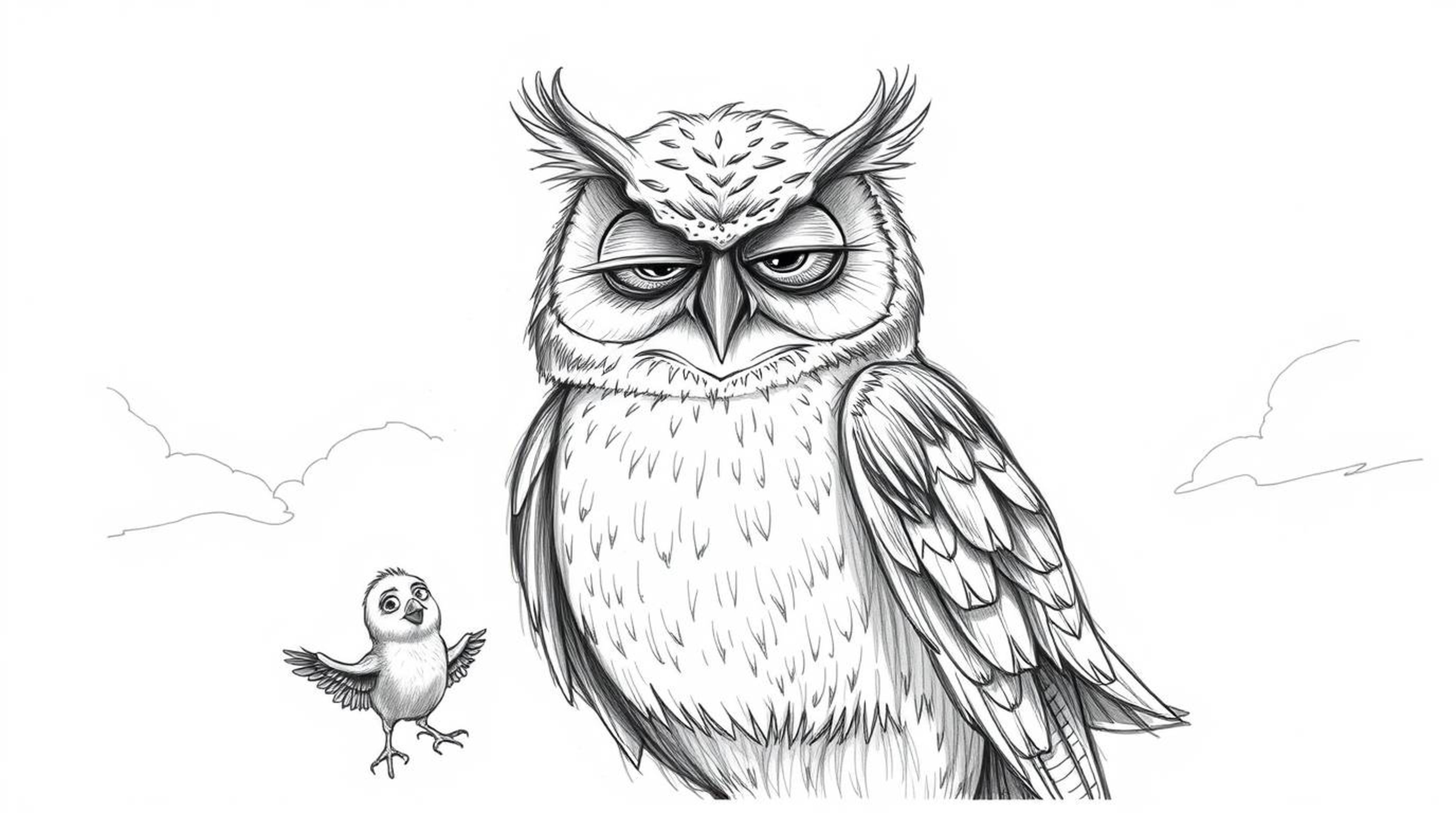 A hand-drawn sketch in Pixar style depicts a wise, blind owl with wrinkled features, teaching small birds to fly against a dr