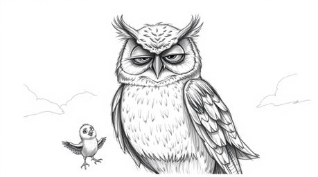 A hand-drawn sketch in Pixar style depicts a wise, blind owl with wrinkled features, teaching small birds to fly against a dr