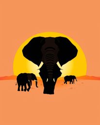 This is a geometric logo design featuring silhouetted elephants walking across a sunset field. The composition is defined by 