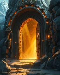 This stunning digital painting captures an ancient doorway embedded in a mountain, illuminated by radiant golden light and gl