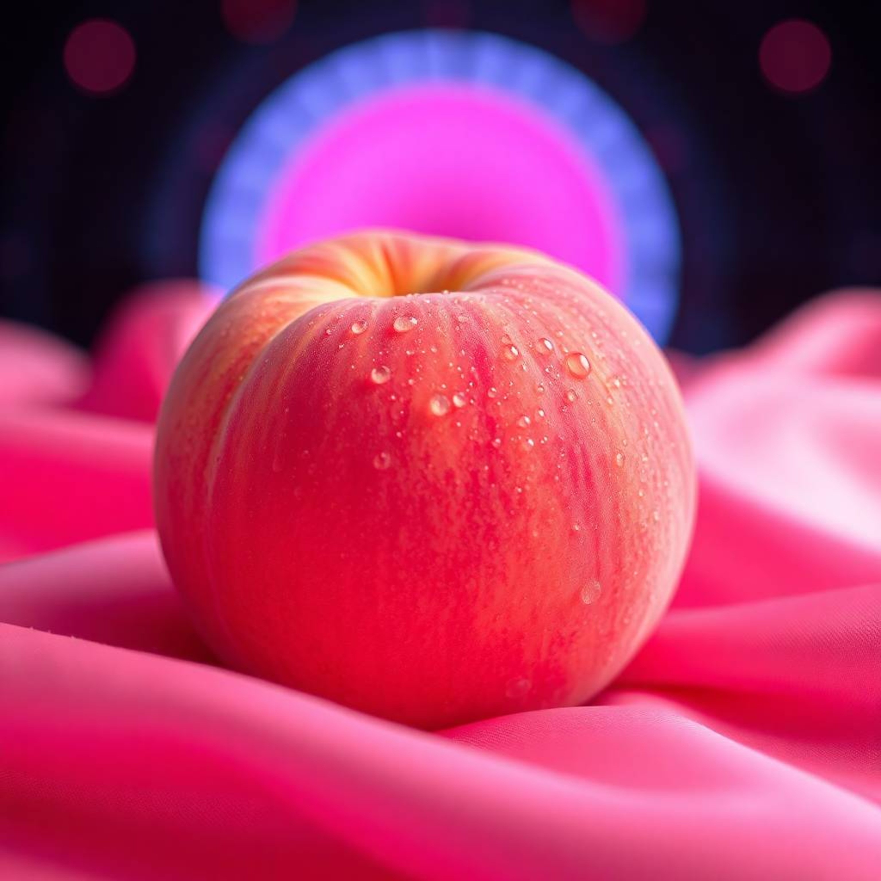 Experience the mesmerizing detail of a vibrant pink peach resting on soft pastel pink silk. This close-up ASMR image features