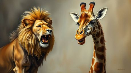This classic oil painting captures a playful scene of a talking lion and giraffe causing trouble. The artwork features a spli