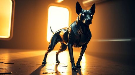 A sleek, metallic futuristic dog with glowing eyes walks upright on two legs in a breathtaking space scene. Bathed in warm, g