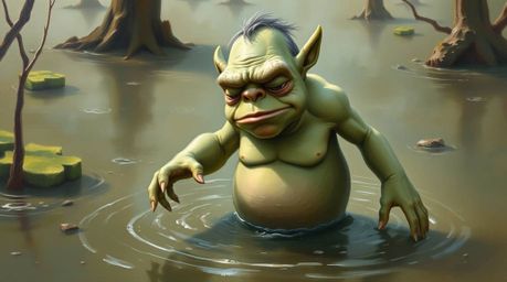 A captivating oil painting depicts a gentle ogre with soft skin, dancing serenely in a swamp.  The artwork features soft past