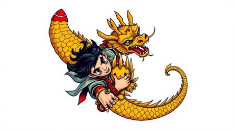 A captivating retro-style art print depicting a charming prince with black hair and dark eyes battling a golden dragon.  Rend