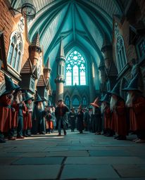 Discover a captivating image of a magical school brimming with young wizards.  Shot from a low angle, the warm terracotta and