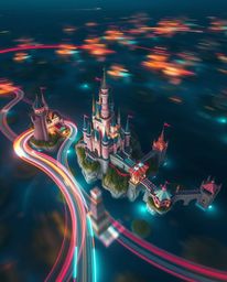 This high-angle, long-exposure photograph captures a breathtaking colorful kingdom with floating islands and castles. The ima