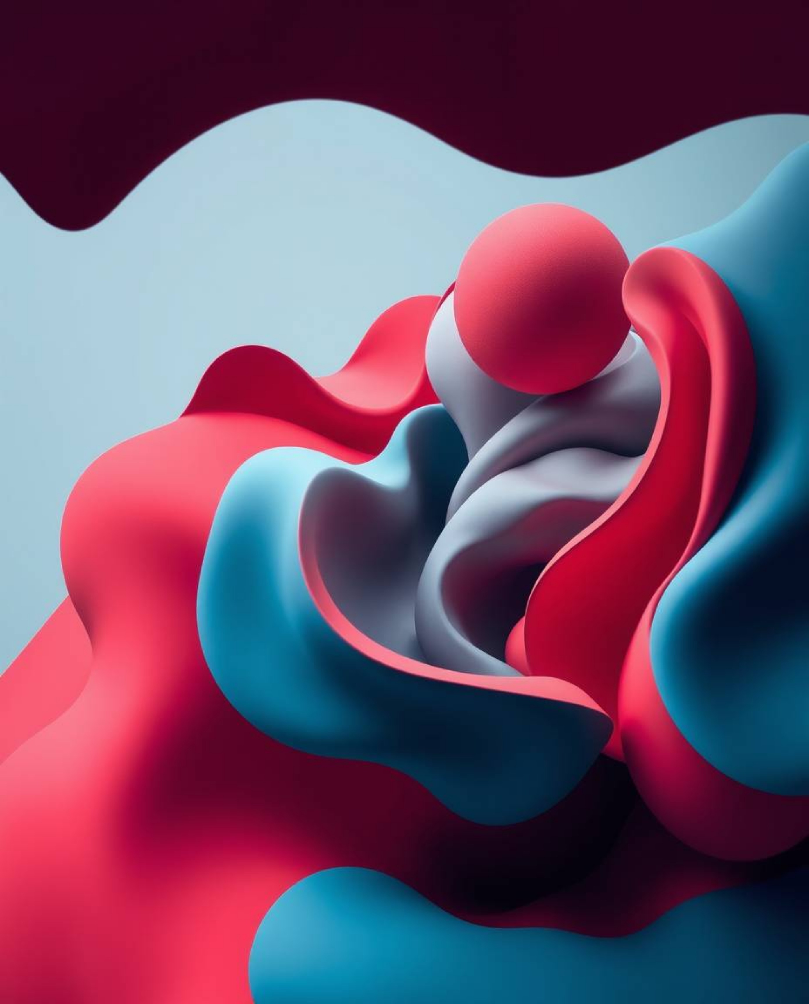 A sophisticated and elegant abstract composition viewed from a high angle, showcasing colorful 3D fluid shapes interacting dy