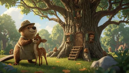 A highly detailed, high-resolution stock photo depicts a heartwarming scene reminiscent of a Pixar animation. A busy beaver,