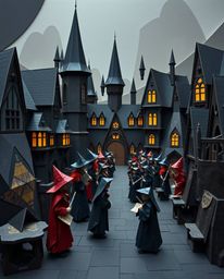 Discover a captivating world of a magical school brimming with young wizards, meticulously crafted in a striking, moody origa
