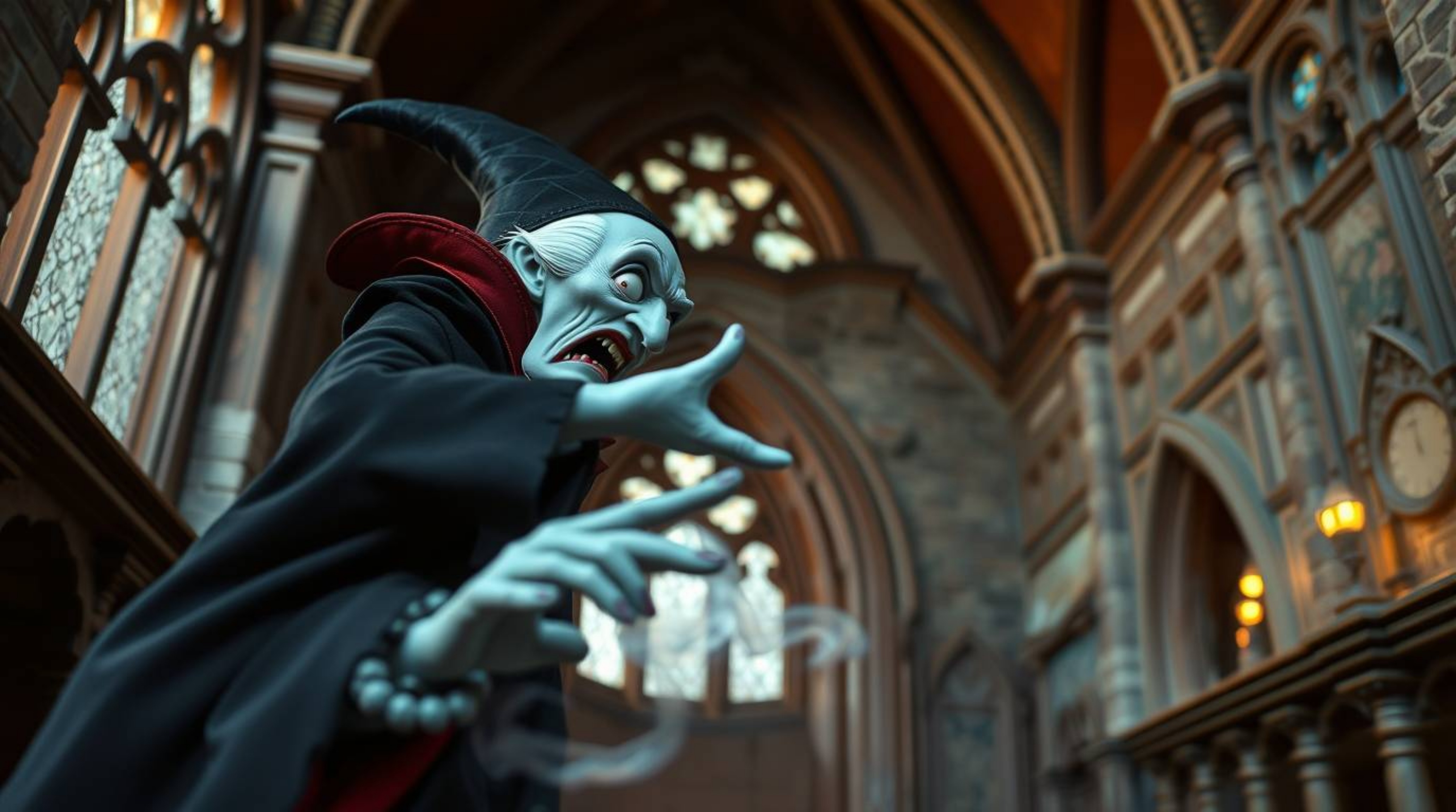This stunning image captures a classic Disney villain casting a spell within the aged walls of an old castle. An extreme macr