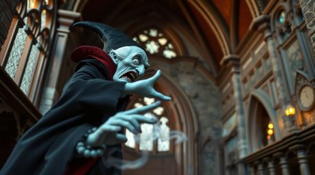 This stunning image captures a classic Disney villain casting a spell within the aged walls of an old castle. An extreme macr