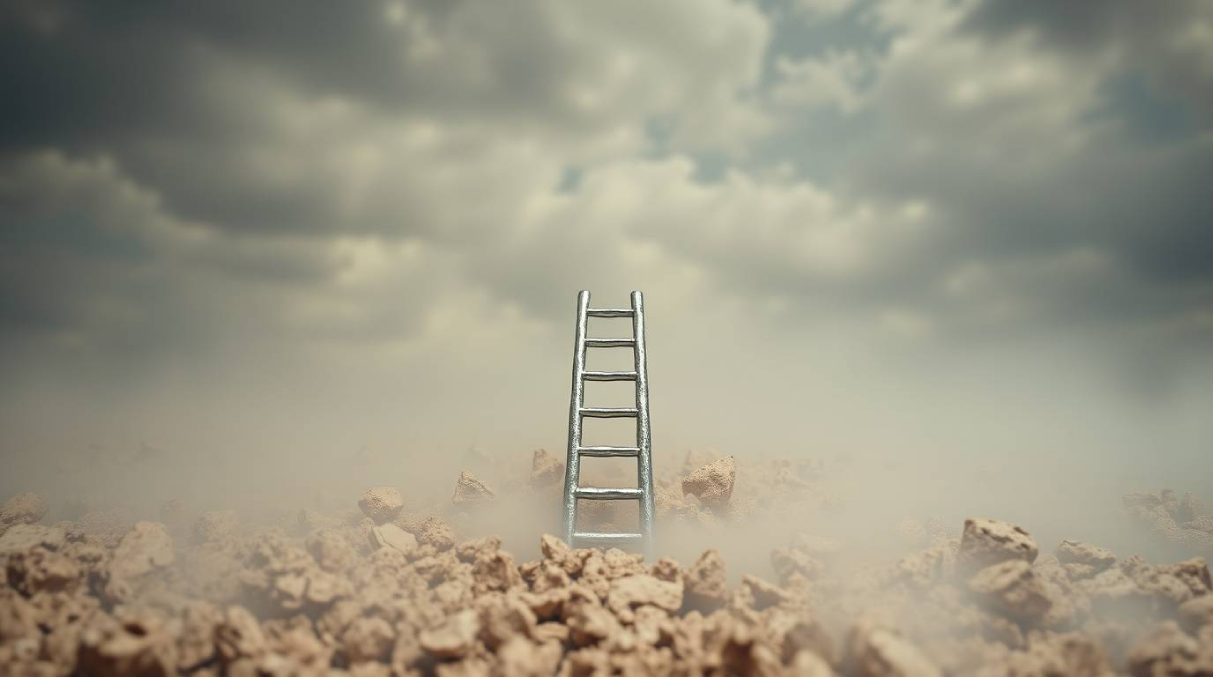 Sculptural clay art depicting a silver ladder in a thick fog-filled field under a cloudy sky, symbolizing opportunity and the