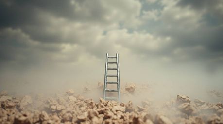 Sculptural clay art depicting a silver ladder in a thick fog-filled field under a cloudy sky, symbolizing opportunity and the