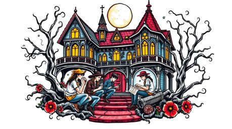 A vibrant, retro-style tattoo art print showcases a group of teenage mystery solvers exploring a detailed haunted mansion.  T